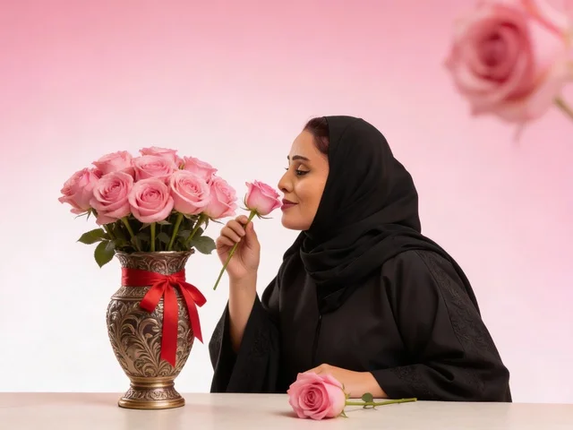 Saudi Woman in Black Abaya Smelling Pink Roses in Studio
