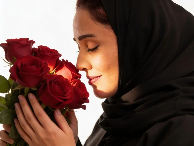 امرأة سعودية بالعباءة السوداء تشم الورود الحمراء