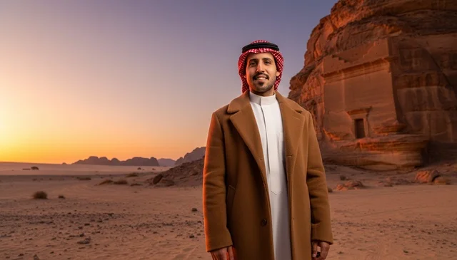 Saudi Man at Hegra AlUla Nabataean Tombs Sunset