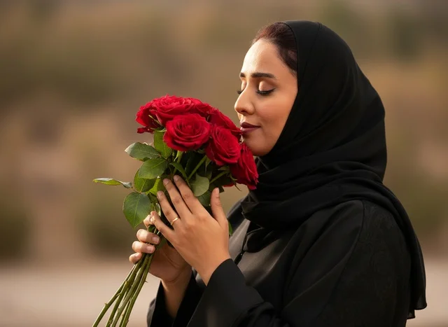 امرأة سعودية ترتدي العباءة السوداء تشم باقة ورود حمراء