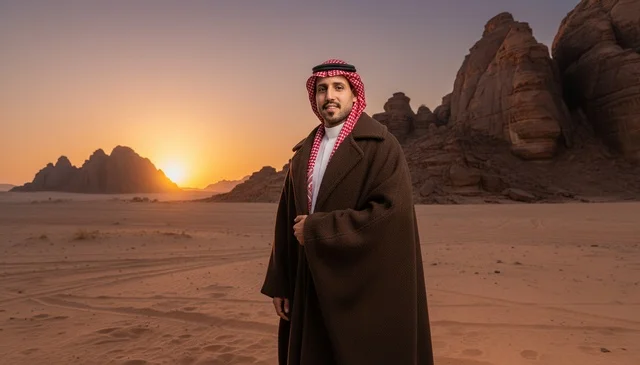 Saudi Man in Winter Farwa at Desert Sunset