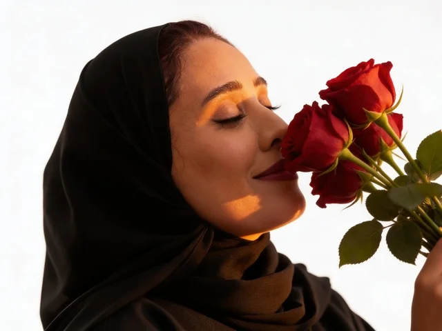 امرأة سعودية بالعباءة مع الورد الأحمر وقت الغروب