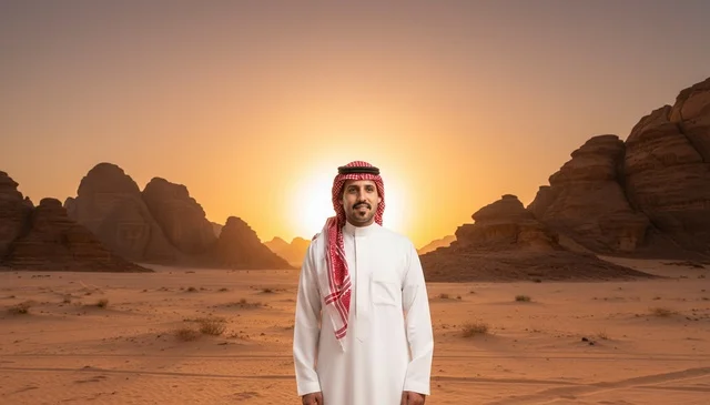 Saudi Man in Traditional Dress at Desert Sunset