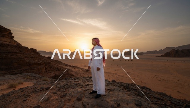 رجل سعودي فوق جبل صحراوي في وقت الغروب