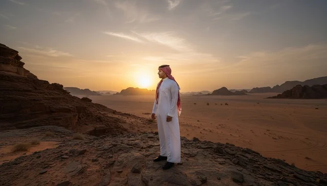 Saudi Man in Desert Mountain Landscape at Sunset