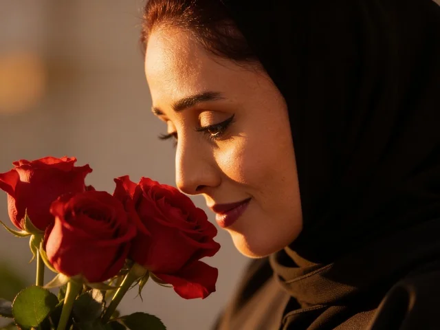 Saudi Woman in Black Abaya Smelling Red Roses