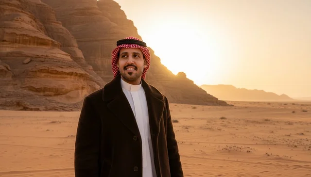 رجل سعودي باللباس الشتوي التقليدي في الصحراء وقت الغروب