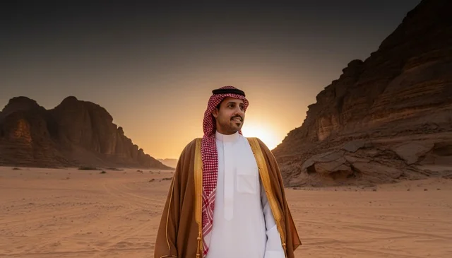 Saudi Man in Traditional Bisht at Sunrise in AlUla