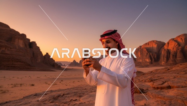 رجل سعودي يستخدم الهاتف في الصحراء وقت الغروب