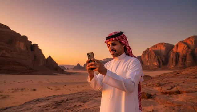 رجل سعودي يستخدم الهاتف في الصحراء وقت الغروب