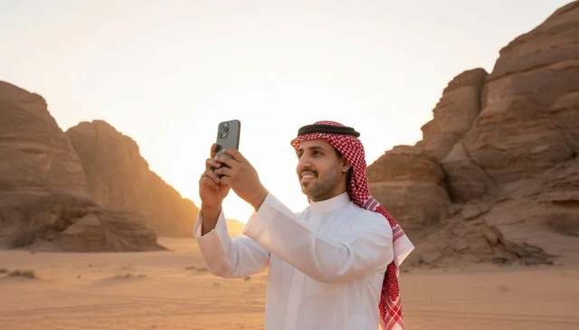 رجل سعودي يستخدم الهاتف الذكي في الصحراء وقت الغروب