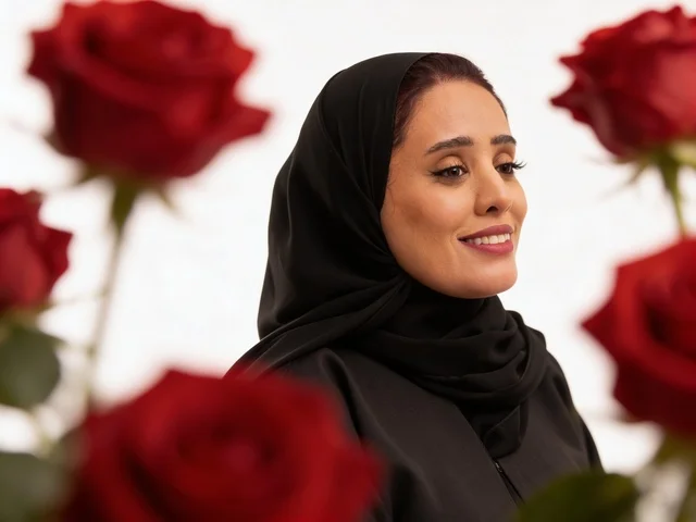 امرأة سعودية بالعباءة مع ورود حمراء بخلفية بيضاء