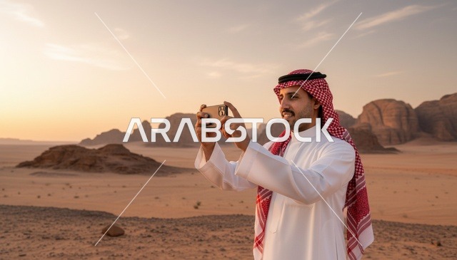 رجل سعودي يلتقط صورة في الصحراء وقت الغروب