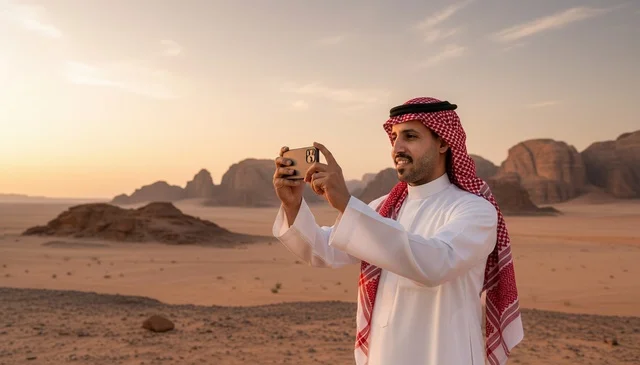Saudi Man Taking Photo in Desert at Sunset