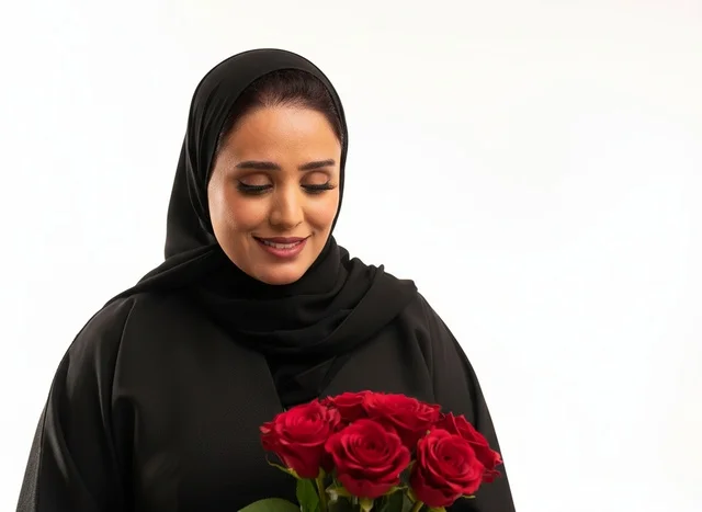 امرأة سعودية بالعباءة السوداء تمسك باقة ورد أحمر