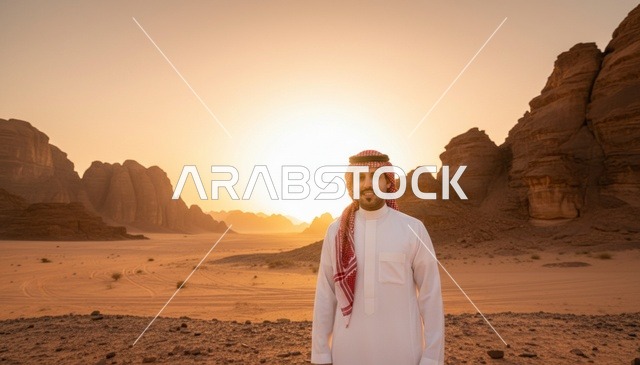 رجل سعودي في الصحراء وقت الغروب بالزي التقليدي