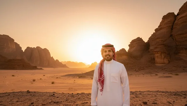 رجل سعودي في الصحراء وقت الغروب بالزي التقليدي