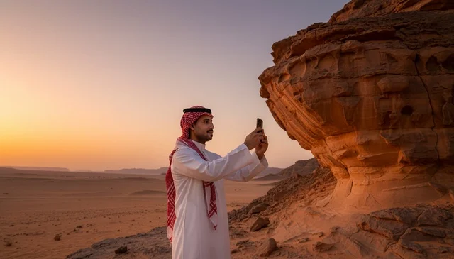 Saudi Man in Traditional Dress at Desert Sunset