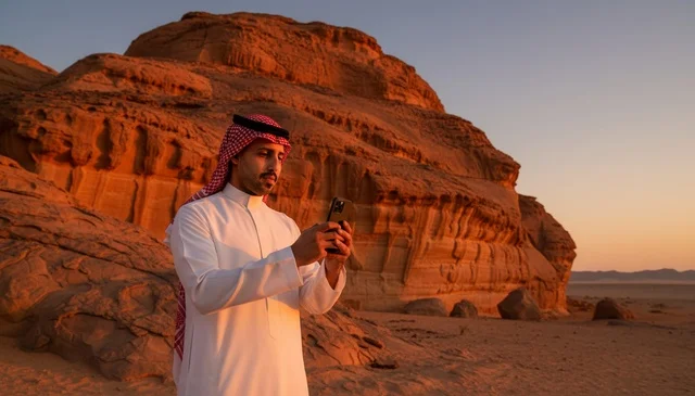 رجل سعودي يستخدم الجوال في الصحراء عند غروب الشمس