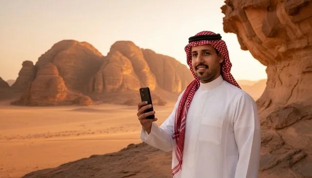 Saudi Man Holding Smartphone in Desert During Sunset