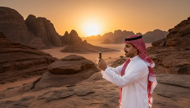 رجل عربي بالزي التقليدي في الصحراء وقت الغروب