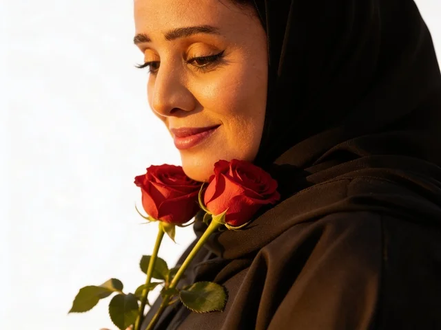 امرأة سعودية بالعباءة السوداء تحمل ورود حمراء
