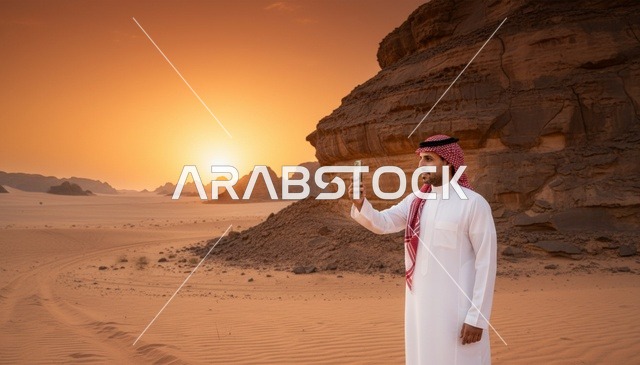 رجل سعودي يصور في الصحراء وقت الغروب