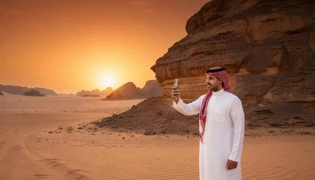 رجل سعودي يصور في الصحراء وقت الغروب
