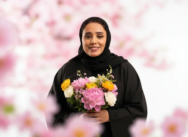 A Saudi woman in an abaya holding a bouquet of colorful flowers.