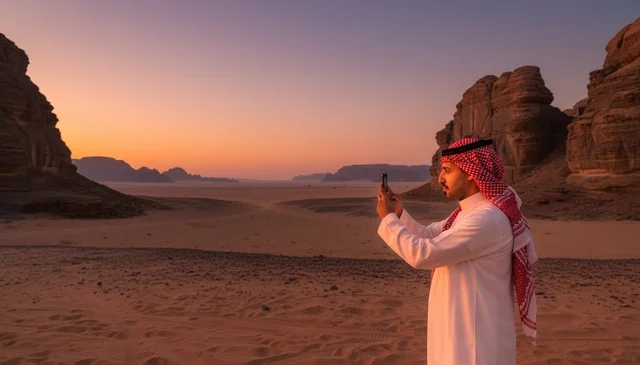 رجل سعودي يصور في الصحراء وقت الغروب