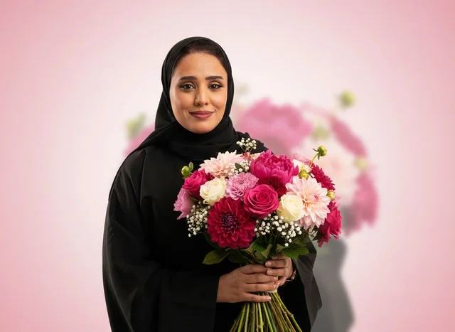 امرأة سعودية بالعباءة تحمل باقة زهور ملونة
