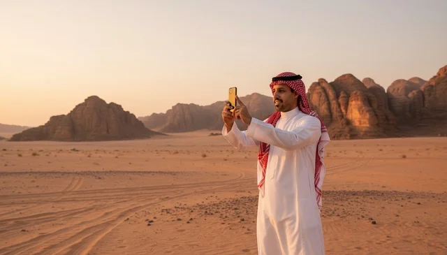 رجل سعودي يصور في الصحراء وقت الغروب