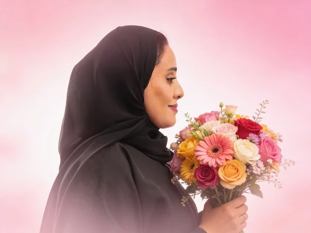 امرأة سعودية بالعباءة تحمل باقة زهور ملونة