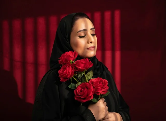 امرأة سعودية بالعباءة تحمل وروداً حمراء مع ظلال