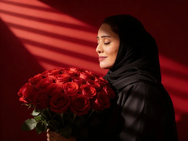 امرأة سعودية بالعباءة تحمل وروداً حمراء مع ظلال