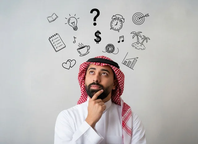 A Saudi man thinks about future goals and plans.