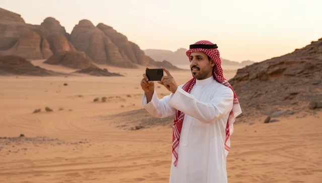 A Saudi man is photographing in the desert at sunset.