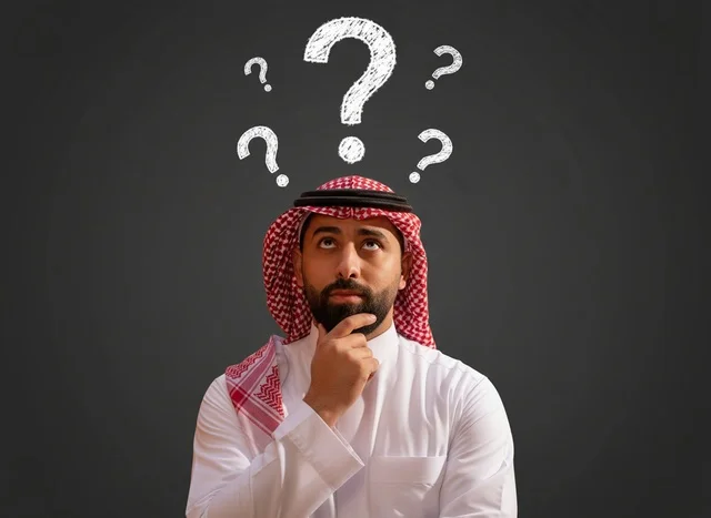 Saudi Man in Traditional Thobe Thinking with Question Marks