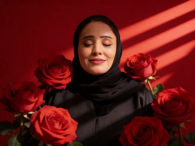 امرأة سعودية بالعباءة السوداء مع الورد الأحمر والظلال