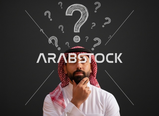 Thinking Saudi Man with Question Marks on Dark Background