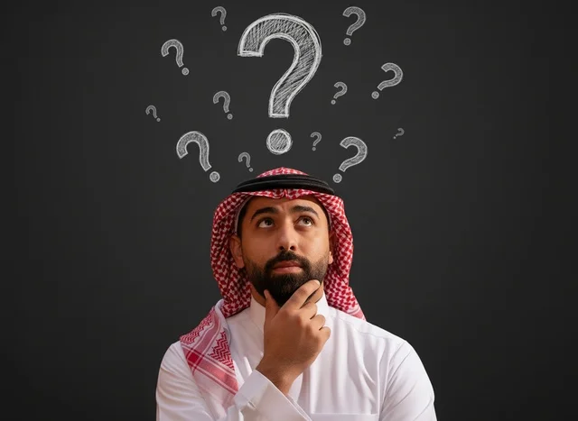 Thinking Saudi Man with Question Marks on Dark Background