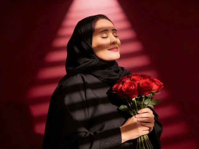 Saudi Woman in Abaya Holding Red Roses with Shadows