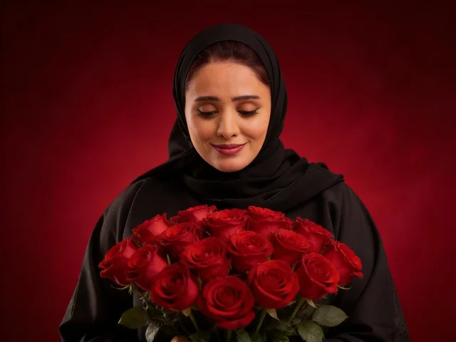 Saudi Woman in Traditional Abaya Holding Red Roses Bouquet