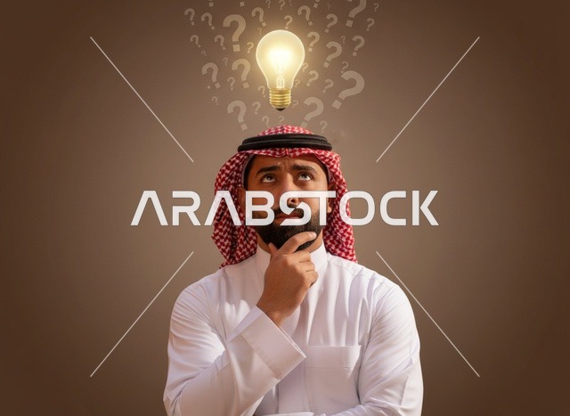 Saudi Man Thinking With Lightbulb and Question Marks