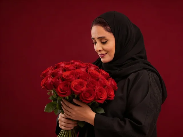 امرأة سعودية بالعباءة تحمل باقة ورد أحمر