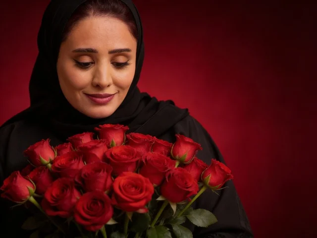امرأة سعودية بالعباءة السوداء تحمل باقة ورود حمراء