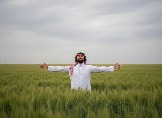 رجل سعودي بالزي التقليدي في حقل قمح أخضر