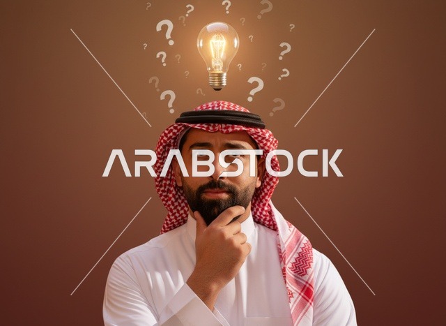 رجل سعودي مع فكرة مصباح وعلامات استفهام