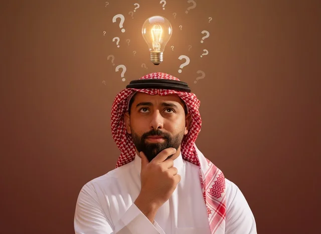 Saudi Man with Lightbulb and Question Marks Concept