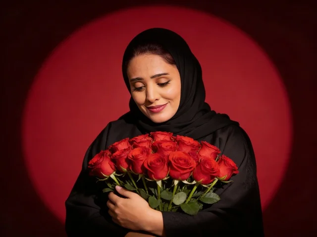 Saudi Woman with Red Roses Bouquet in Studio